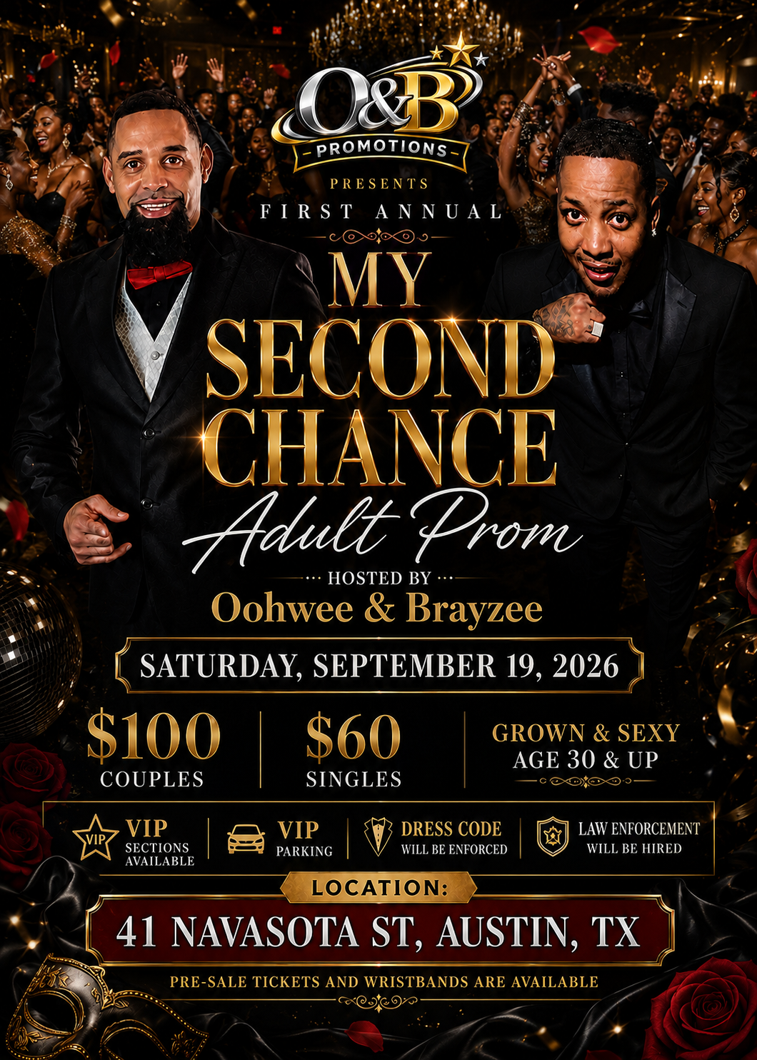 First Annual Adult Prom flyer — theme My Second Chance, September 19, 2026 in Austin, Texas